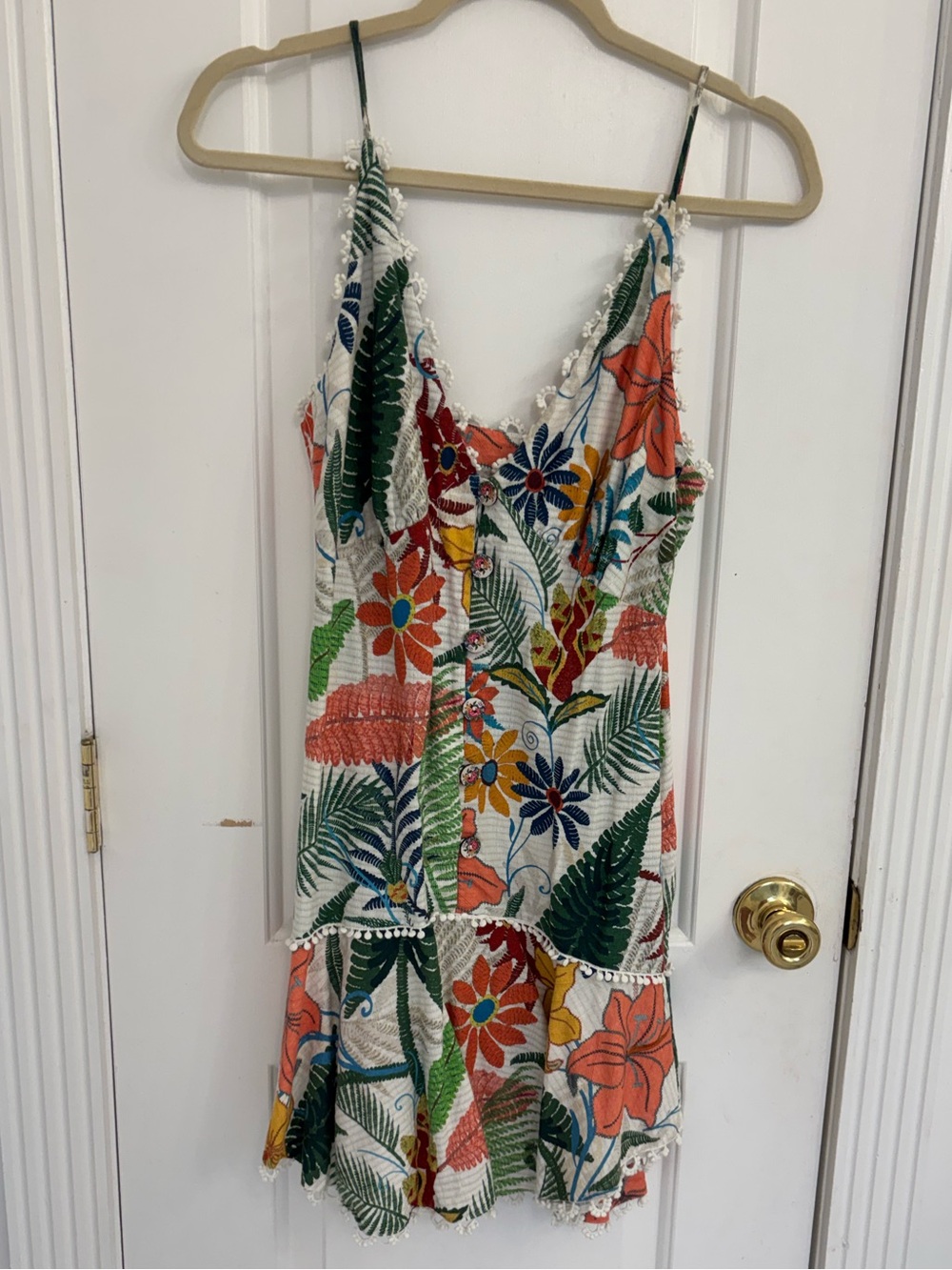 FARM Rio White Tropical Floral Mini Dress with Orange & Green Accents